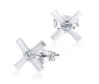 Cross Shaped CZ Silver Stud Earring STS-3249